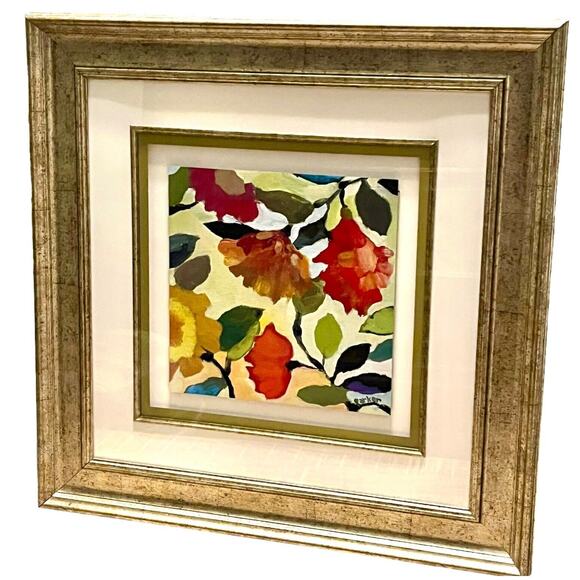 Kim Parker 27x27 FRAMED ART Floral Tile I Flowers Signed Wall Hanging Gold Frame - Picture 7 of 7